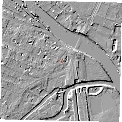 Shaded relief map of the ground around KT89HA, computed from Environment Agency LiDAR. The ground here sits at about 8 m above sea level and falls 9 m across the surrounding 800 m. Surface water reaching this point runs off ground lying to the south-west, 3.0 m higher.
