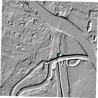 Shaded relief map of the ground around KT89HB, computed from Environment Agency LiDAR. The ground here sits at about 8 m above sea level and falls 9 m across the surrounding 800 m. Surface water reaching this point runs off ground lying to the north-north-east, 3.5 m higher.