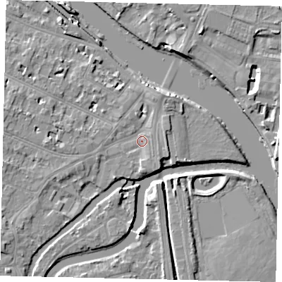 Shaded relief map of the ground around KT89HE, computed from Environment Agency LiDAR. The ground here sits at about 8 m above sea level and falls 9 m across the surrounding 800 m. Surface water reaching this point runs off ground lying to the north-north-east, 3.5 m higher.