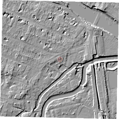 Shaded relief map of the ground around KT89HF, computed from Environment Agency LiDAR. The ground here sits at about 9 m above sea level and falls 9 m across the surrounding 800 m. The ground contributing surface water to this point lies to the north-north-west.