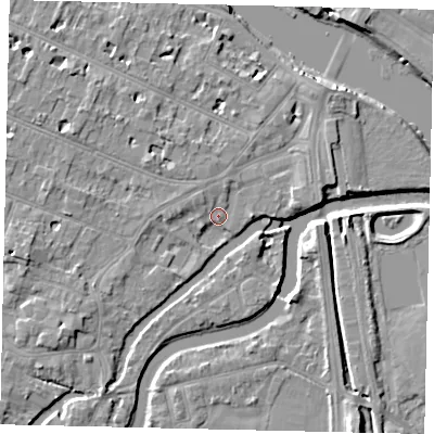 Shaded relief map of the ground around KT89HJ, computed from Environment Agency LiDAR. The ground here sits at about 8 m above sea level and falls 9 m across the surrounding 800 m. Surface water reaching this point runs off ground lying to the west-south-west, 5.0 m higher.
