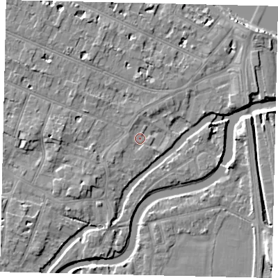 Shaded relief map of the ground around KT89HL, computed from Environment Agency LiDAR. The ground here sits at about 8 m above sea level and falls 8 m across the surrounding 800 m. Surface water reaching this point runs off ground lying to the west, 3.7 m higher.