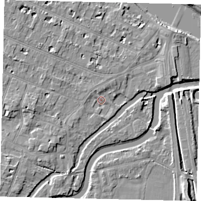 Shaded relief map of the ground around KT89HN, computed from Environment Agency LiDAR. The ground here sits at about 8 m above sea level and falls 9 m across the surrounding 800 m. Surface water reaching this point runs off ground lying to the west, 4.2 m higher.