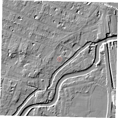 Shaded relief map of the ground around KT89HP, computed from Environment Agency LiDAR. The ground here sits at about 8 m above sea level and falls 8 m across the surrounding 800 m. Surface water reaching this point runs off ground lying to the west-north-west, 1.2 m higher.