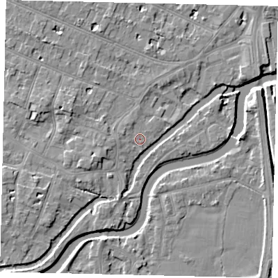 Shaded relief map of the ground around KT89HR, computed from Environment Agency LiDAR. The ground here sits at about 8 m above sea level and falls 7 m across the surrounding 800 m. Surface water reaching this point runs off ground lying to the west-north-west, 1.2 m higher.