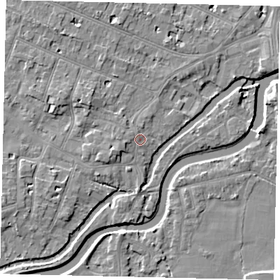 Shaded relief map of the ground around KT89HW, computed from Environment Agency LiDAR. The ground here sits at about 9 m above sea level and falls 7 m across the surrounding 800 m. Surface water reaching this point runs off ground lying to the west-south-west, 1.5 m higher.