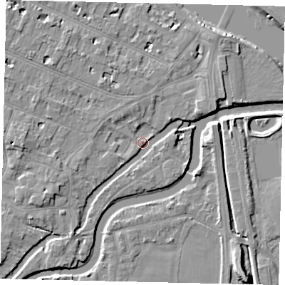 Shaded relief map of the ground around KT89HZ, computed from Environment Agency LiDAR. The ground here sits at about 8 m above sea level and falls 9 m across the surrounding 800 m. Surface water reaching this point runs off ground lying to the west, 4.3 m higher.