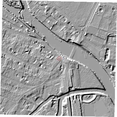 Shaded relief map of the ground around KT89JE, computed from Environment Agency LiDAR. The ground here sits at about 8 m above sea level and falls 10 m across the surrounding 800 m. Surface water reaching this point runs off ground lying to the south-west, 3.0 m higher.
