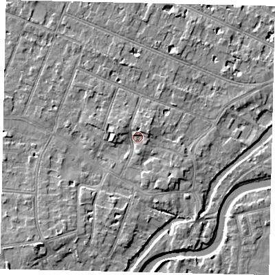 Shaded relief map of the ground around KT89JN, computed from Environment Agency LiDAR. The ground here sits at about 10 m above sea level and falls 6 m across the surrounding 800 m. Surface water reaching this point runs off ground lying to the east-north-east, 3.4 m higher.