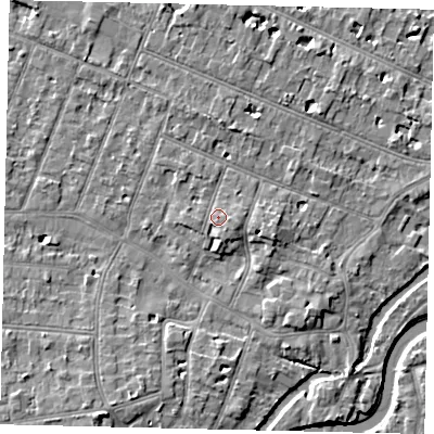 Shaded relief map of the ground around KT89JS, computed from Environment Agency LiDAR. The ground here sits at about 10 m above sea level and falls 6 m across the surrounding 800 m. Surface water reaching this point runs off ground lying to the east-south-east, 1.3 m higher.