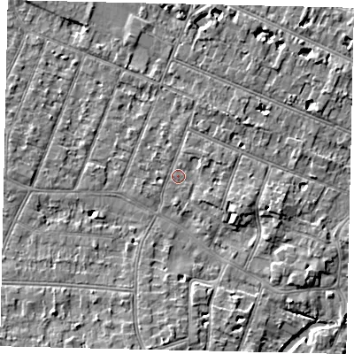 Shaded relief map of the ground around KT89JU, computed from Environment Agency LiDAR. The ground here sits at about 9 m above sea level and falls 4 m across the surrounding 800 m. Surface water reaching this point runs off ground lying to the east-north-east, 1.2 m higher.