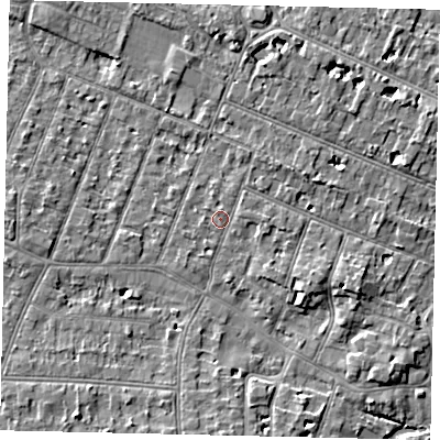 Shaded relief map of the ground around KT89JX, computed from Environment Agency LiDAR. The ground here sits at about 9 m above sea level and falls 4 m across the surrounding 800 m. Surface water reaching this point runs off ground lying to the north-north-west, 0.7 m higher.