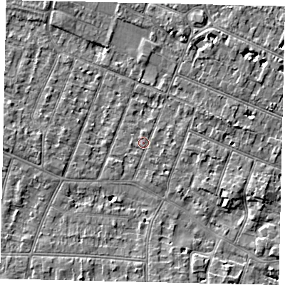 Shaded relief map of the ground around KT89JZ, computed from Environment Agency LiDAR. The ground here sits at about 9 m above sea level and falls 4 m across the surrounding 800 m. Surface water reaching this point runs off ground lying to the east-north-east, 1.4 m higher.