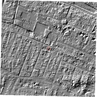 Shaded relief map of the ground around KT89LA, computed from Environment Agency LiDAR. The ground here sits at about 9 m above sea level and falls 7 m across the surrounding 800 m. Surface water reaching this point runs off ground lying to the east, 1.3 m higher.