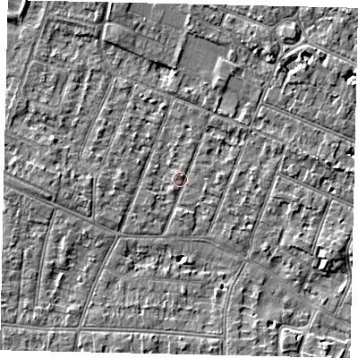 Shaded relief map of the ground around KT89LE, computed from Environment Agency LiDAR. The ground here sits at about 9 m above sea level and falls 4 m across the surrounding 800 m. Surface water reaching this point runs off ground lying to the east-south-east, 4.0 m higher.
