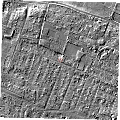 Shaded relief map of the ground around KT89LF, computed from Environment Agency LiDAR. The ground here sits at about 9 m above sea level and falls 5 m across the surrounding 800 m. Surface water reaching this point runs off ground lying to the east-north-east, 3.2 m higher.