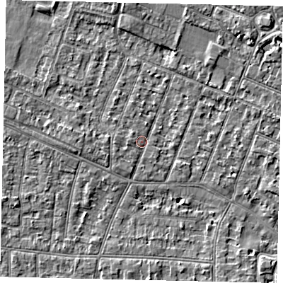 Shaded relief map of the ground around KT89LH, computed from Environment Agency LiDAR. The ground here sits at about 9 m above sea level and falls 4 m across the surrounding 800 m. Surface water reaching this point runs off ground lying to the west, 2.2 m higher.