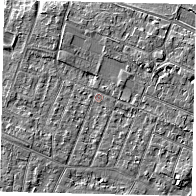 Shaded relief map of the ground around KT89LJ, computed from Environment Agency LiDAR. The ground here sits at about 9 m above sea level and falls 5 m across the surrounding 800 m. Surface water reaching this point runs off ground lying to the east, 0.9 m higher.
