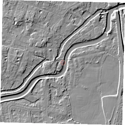 Shaded relief map of the ground around KT89LR, computed from Environment Agency LiDAR. The ground here sits at about 8 m above sea level and falls 7 m across the surrounding 800 m. Surface water reaching this point runs off ground lying to the south-west, 3.7 m higher.