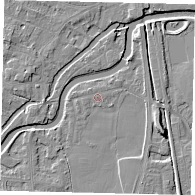 Shaded relief map of the ground around KT89LS, computed from Environment Agency LiDAR. The ground here sits at about 8 m above sea level and falls 9 m across the surrounding 800 m. Surface water reaching this point runs off ground lying to the south-west, 1.0 m higher.