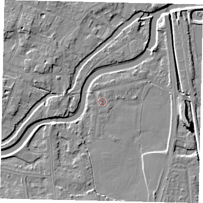 Shaded relief map of the ground around KT89LT, computed from Environment Agency LiDAR. The ground here sits at about 8 m above sea level and falls 9 m across the surrounding 800 m. Surface water reaching this point runs off ground lying to the south-south-west, 0.7 m higher.