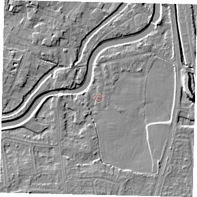 Shaded relief map of the ground around KT89LU, computed from Environment Agency LiDAR. The ground here sits at about 8 m above sea level and falls 9 m across the surrounding 800 m. Surface water reaching this point runs off ground lying to the south-west, 3.3 m higher.