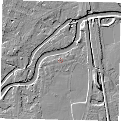 Shaded relief map of the ground around KT89LX, computed from Environment Agency LiDAR. The ground here sits at about 8 m above sea level and falls 9 m across the surrounding 800 m. Surface water reaching this point runs off ground lying to the south-west, 1.0 m higher.