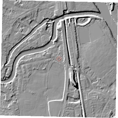 Shaded relief map of the ground around KT89LZ, computed from Environment Agency LiDAR. The ground here sits at about 7 m above sea level and falls 9 m across the surrounding 800 m. Surface water reaching this point runs off ground lying to the south-south-east, 4.5 m higher.