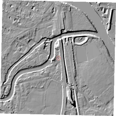 Shaded relief map of the ground around KT89NF, computed from Environment Agency LiDAR. The ground here sits at about 7 m above sea level and falls 9 m across the surrounding 800 m. Surface water reaching this point runs off ground lying to the west, 2.2 m higher.