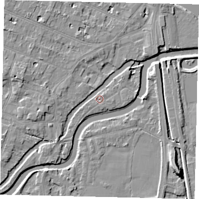Shaded relief map of the ground around KT89NH, computed from Environment Agency LiDAR. The ground here sits at about 8 m above sea level and falls 9 m across the surrounding 800 m. Surface water reaching this point runs off ground lying to the east, 0.7 m higher.