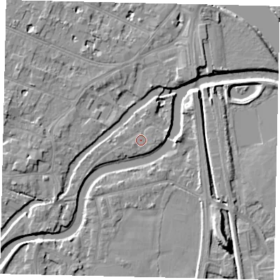 Shaded relief map of the ground around KT89NJ, computed from Environment Agency LiDAR. The ground here sits at about 8 m above sea level and falls 9 m across the surrounding 800 m. Surface water reaching this point runs off ground lying to the east, 1.0 m higher.
