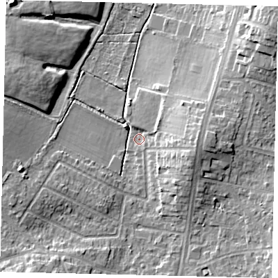 Shaded relief map of the ground around KT91BF, computed from Environment Agency LiDAR. The ground here sits at about 31 m above sea level and falls 12 m across the surrounding 800 m. Surface water reaching this point runs off ground lying to the east, 8.0 m higher.