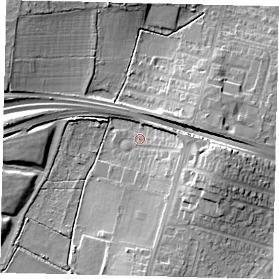 Shaded relief map of the ground around KT91DP, computed from Environment Agency LiDAR. The ground here sits at about 29 m above sea level and falls 13 m across the surrounding 800 m. Surface water reaching this point runs off ground lying to the east-south-east, 11.2 m higher.