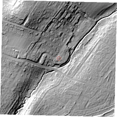 Shaded relief map of the ground around KT92BS, computed from Environment Agency LiDAR. The ground here sits at about 30 m above sea level and falls 29 m across the surrounding 800 m. Surface water reaching this point runs off ground lying to the north-west, 14.6 m higher.