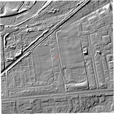 Shaded relief map of the ground around L101LN, computed from Environment Agency LiDAR. The ground here sits at about 21 m above sea level and falls 11 m across the surrounding 800 m. Surface water reaching this point runs off ground lying to the south, 1.1 m higher.