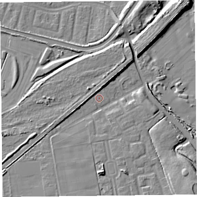 Shaded relief map of the ground around L101ND, computed from Environment Agency LiDAR. The ground here sits at about 18 m above sea level and falls 14 m across the surrounding 800 m. Surface water reaching this point runs off ground lying to the north-north-east, 3.9 m higher.