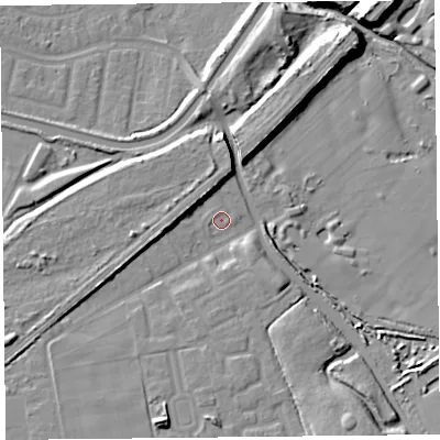 Shaded relief map of the ground around L101NF, computed from Environment Agency LiDAR. The ground here sits at about 16 m above sea level and falls 16 m across the surrounding 800 m. Surface water reaching this point runs off ground lying to the west-south-west, 0.9 m higher.