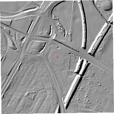 Shaded relief map of the ground around L103LN, computed from Environment Agency LiDAR. The ground here sits at about 8 m above sea level and falls 13 m across the surrounding 800 m. The ground contributing surface water to this point lies to the south.