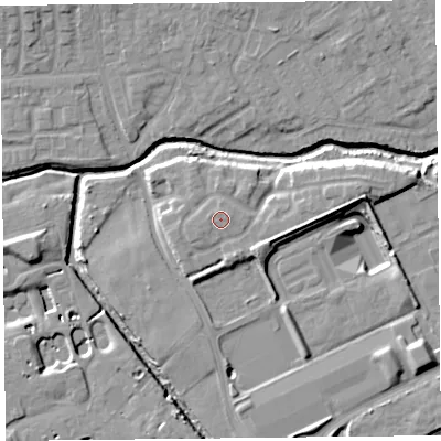 Shaded relief map of the ground around L104UX, computed from Environment Agency LiDAR. The ground here sits at about 20 m above sea level and falls 11 m across the surrounding 800 m. Surface water reaching this point runs off ground lying to the east-north-east, 1.0 m higher.