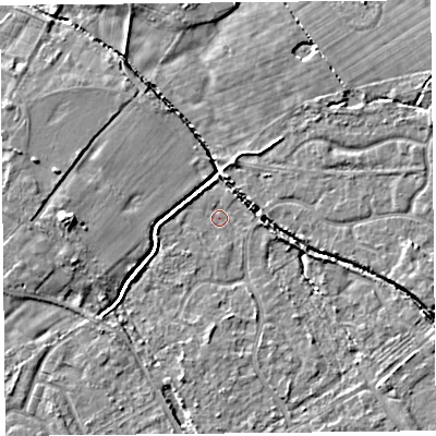 Shaded relief map of the ground around L120AA, computed from Environment Agency LiDAR. The ground here sits at about 20 m above sea level and falls 7 m across the surrounding 800 m. Surface water reaching this point runs off ground lying to the south-east, 3.1 m higher.