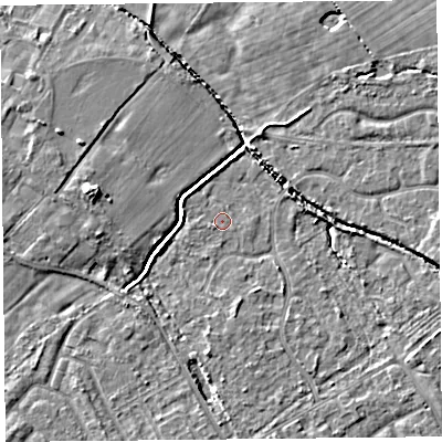 Shaded relief map of the ground around L120AB, computed from Environment Agency LiDAR. The ground here sits at about 20 m above sea level and falls 7 m across the surrounding 800 m. Surface water reaching this point runs off ground lying to the south-east, 3.1 m higher.