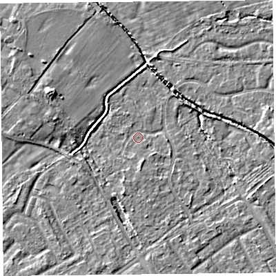 Shaded relief map of the ground around L120AD, computed from Environment Agency LiDAR. The ground here sits at about 21 m above sea level and falls 7 m across the surrounding 800 m. Surface water reaching this point runs off ground lying to the south, 1.8 m higher.