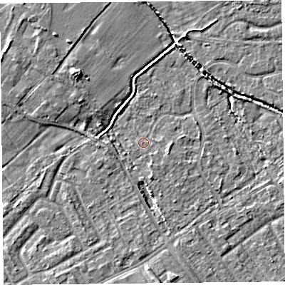 Shaded relief map of the ground around L120AE, computed from Environment Agency LiDAR. The ground here sits at about 21 m above sea level and falls 7 m across the surrounding 800 m. Surface water reaching this point runs off ground lying to the east-south-east, 1.3 m higher.