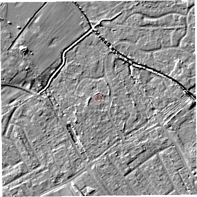 Shaded relief map of the ground around L120AF, computed from Environment Agency LiDAR. The ground here sits at about 21 m above sea level and falls 7 m across the surrounding 800 m. Surface water reaching this point runs off ground lying to the north-north-west, 1.0 m higher.