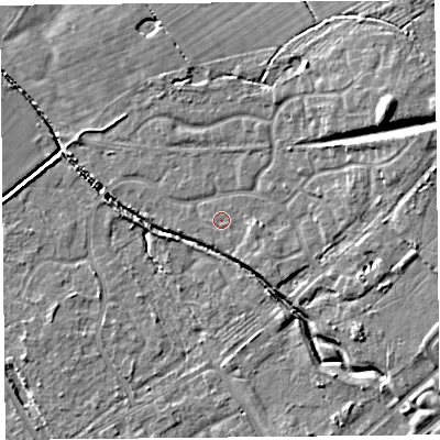 Shaded relief map of the ground around L120AG, computed from Environment Agency LiDAR. The ground here sits at about 20 m above sea level and falls 11 m across the surrounding 800 m. Surface water reaching this point runs off ground lying to the south-east, 1.4 m higher.