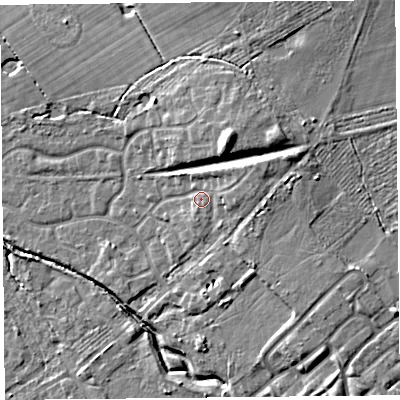 Shaded relief map of the ground around L120AJ, computed from Environment Agency LiDAR. The ground here sits at about 24 m above sea level and falls 11 m across the surrounding 800 m. Surface water reaching this point runs off ground lying to the north-east, 3.3 m higher.