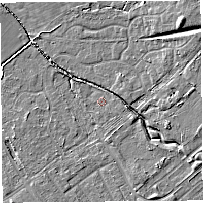 Shaded relief map of the ground around L120BA, computed from Environment Agency LiDAR. The ground here sits at about 20 m above sea level and falls 11 m across the surrounding 800 m. Surface water reaching this point runs off ground lying to the east, 5.4 m higher.