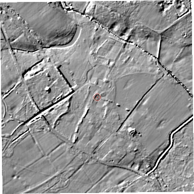 Shaded relief map of the ground around L120HA, computed from Environment Agency LiDAR. The ground here sits at about 22 m above sea level and falls 7 m across the surrounding 800 m. Surface water reaching this point runs off ground lying to the south-south-east, 0.9 m higher.