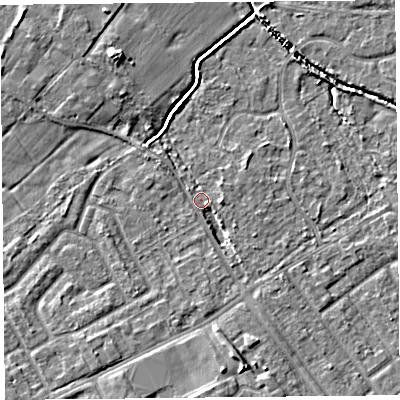 Shaded relief map of the ground around L120HD, computed from Environment Agency LiDAR. The ground here sits at about 21 m above sea level and falls 7 m across the surrounding 800 m. Surface water reaching this point runs off ground lying to the south-south-east, 4.8 m higher.