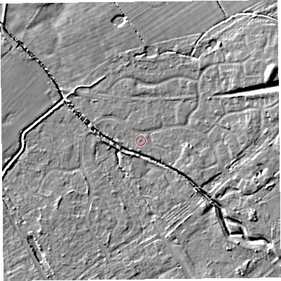Shaded relief map of the ground around L120HX, computed from Environment Agency LiDAR. The ground here sits at about 20 m above sea level and falls 11 m across the surrounding 800 m. Surface water reaching this point runs off ground lying to the east-north-east, 9.2 m higher.